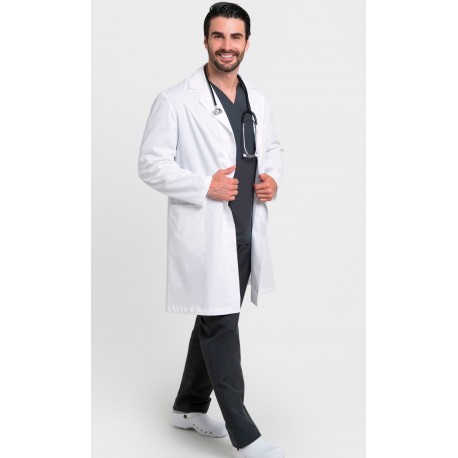 Bata hombre cuello solapa. Blanco. 65% Poliéster - 35% Algodón.
